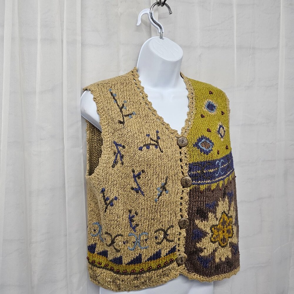 Vintage Sigrid Olsen Vest Knit Beaded Embroidered Boho Cottage Button L - Picture 2 of 8